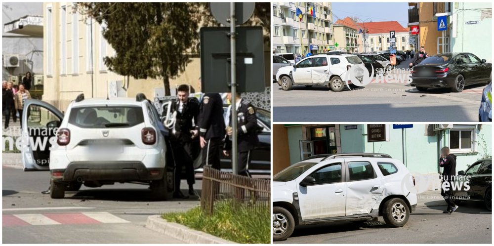FOTO. Mașină plină cu polițiști, lovită de un BMW chiar în fața sediului Poliției Satu Mare