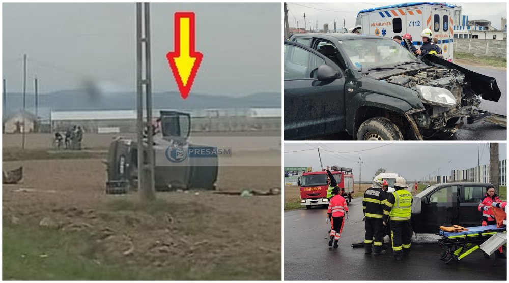 FOTO. O șoferiță a produs accidentul de astăzi, din județul Satu Mare. Mașină răsturnată, 2 victime