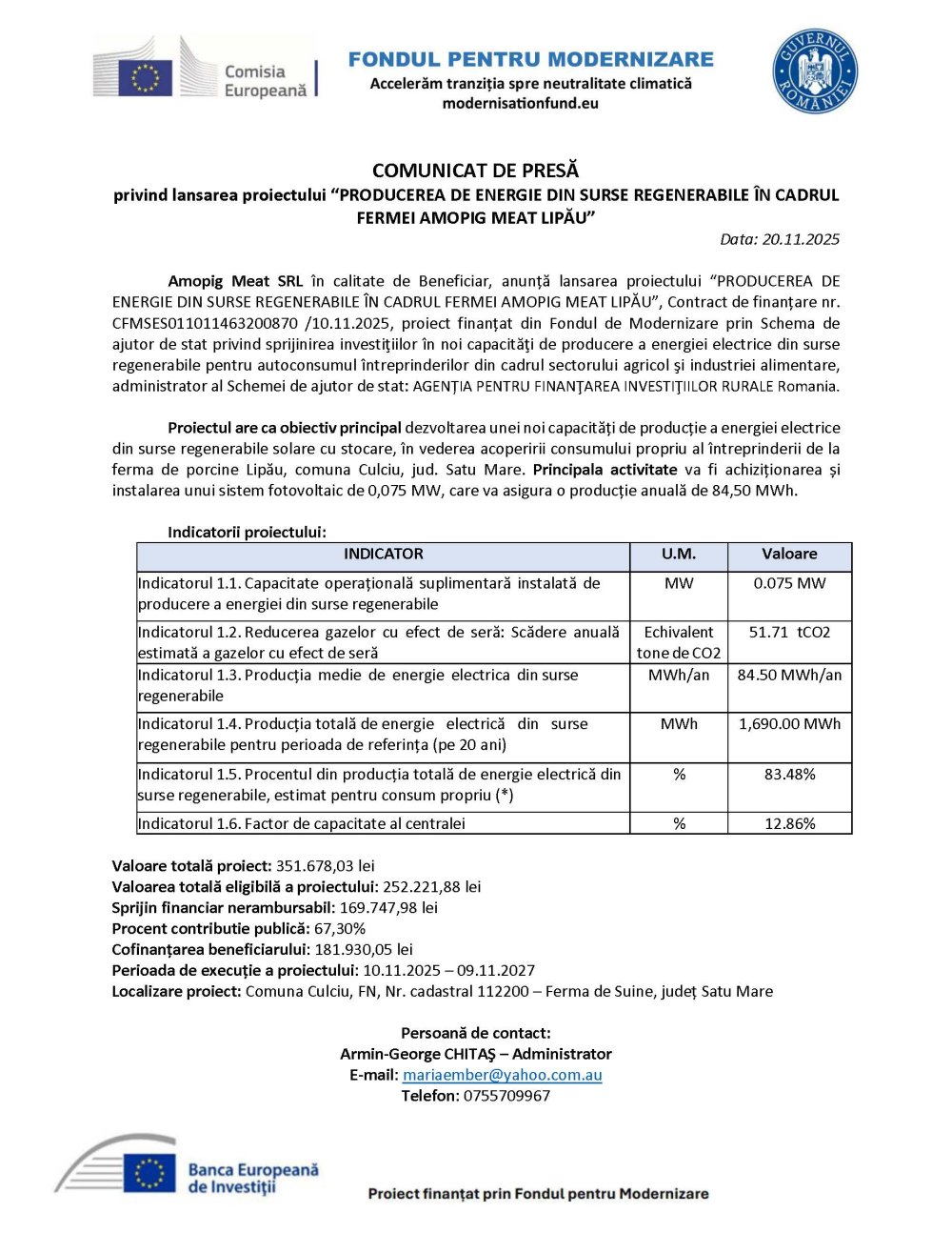 COMUNICAT DE PRESĂ privind lansarea proiectului “PRODUCEREA DE ENERGIE DIN SURSE REGENERABILE ÎN CADRUL FERMEI AMOPIG MEAT LIPĂU”