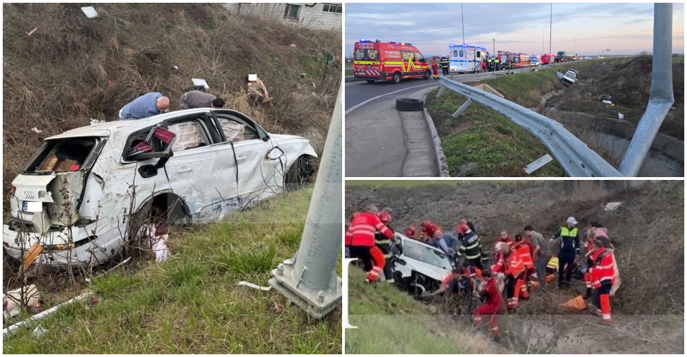 FOTO/VIDEO. Mașină răsturnată pe centură, în municipiul Satu Mare. Șase victime, una a decedat