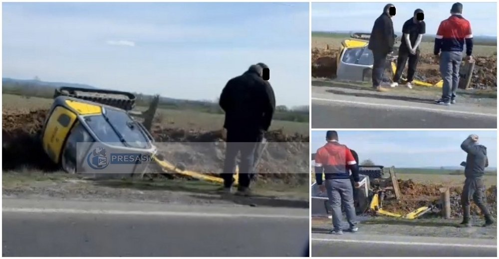 VIDEO. Accident pe DN 19A, lângă Aeroport. Un buldoexcavator s-a răsturnat, muncitor rănit