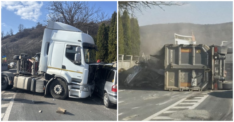 FOTO. TIR răsturnat parțial pe șosea, oprit într-o mașină de Satu Mare. Două victime la Urgență