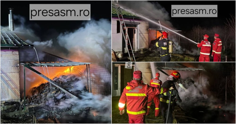 FOTO. Incendiu de amploare la o hală din județul Satu Mare