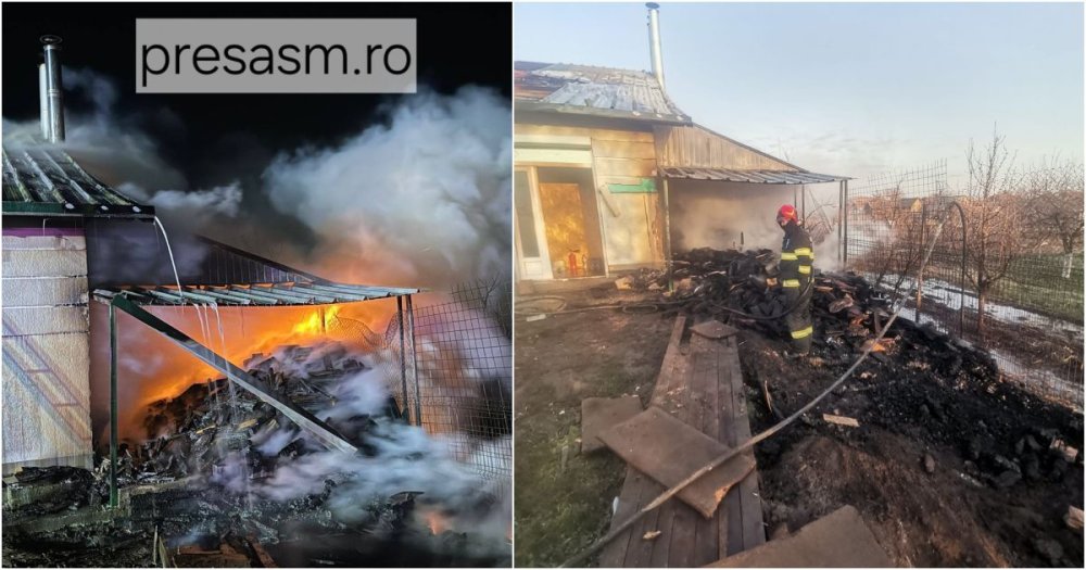 FOTO. Ce spun pompierii sătmăreni, de la ce a pornit incendiul care a cuprins o hală din Carei