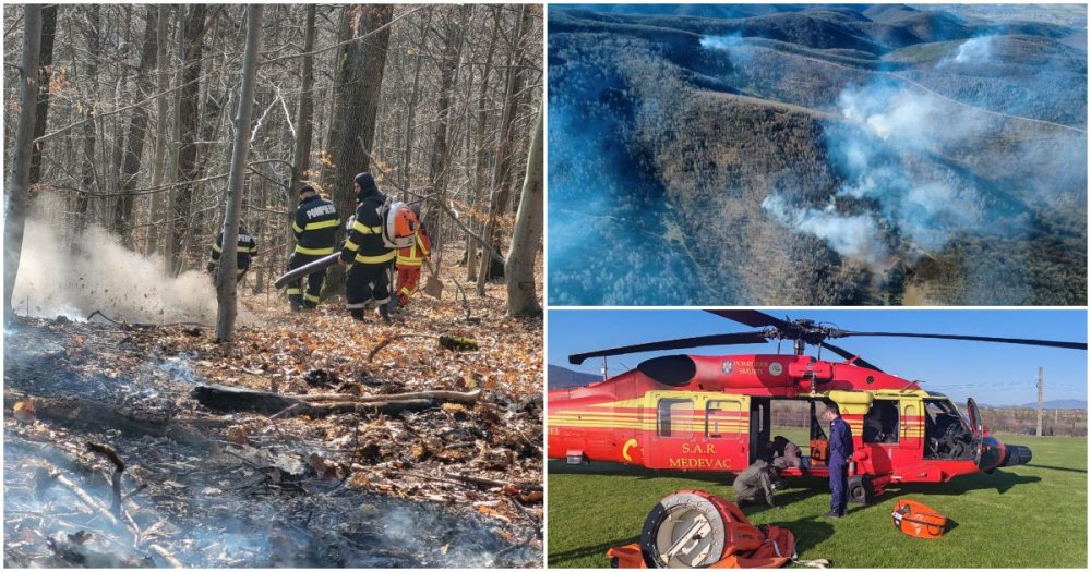FOTO/VIDEO. Incendiul uriaș de la Racșa a fost lichidat. Pompierii sătmăreni, ajutați de elicopterul Black Hawk