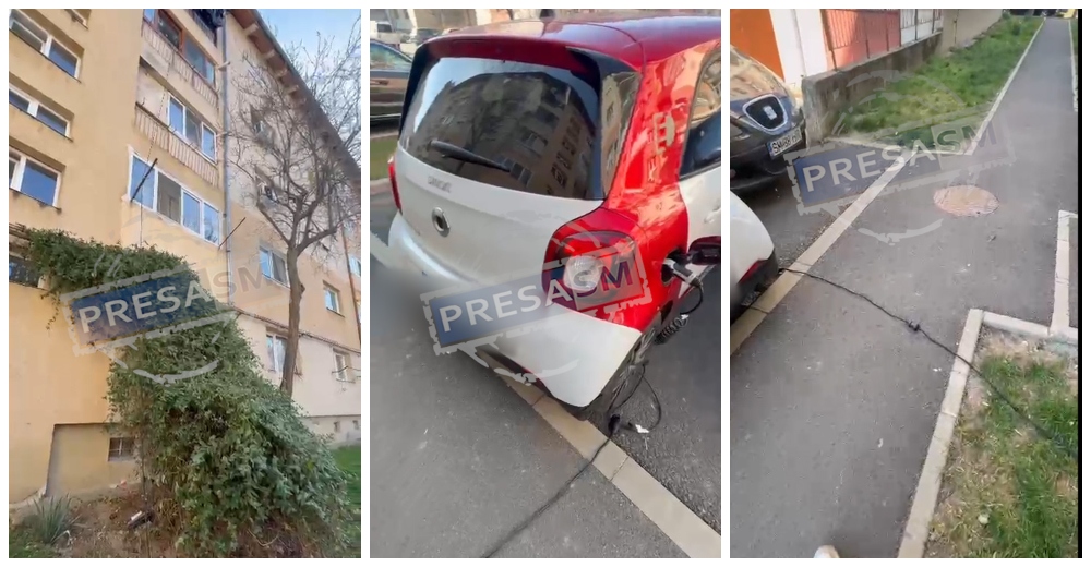 VIDEO. Scene neobișnuite în Carpați II: cablu coborât de la balcon pentru încărcarea unei mașini