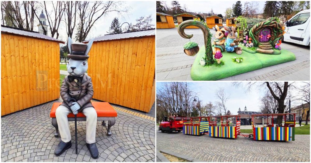 FOTO/VIDEO. Forfotă în Piața Libertății. Pregătirile pentru Târgul de Paște, pe ultima sută de metri