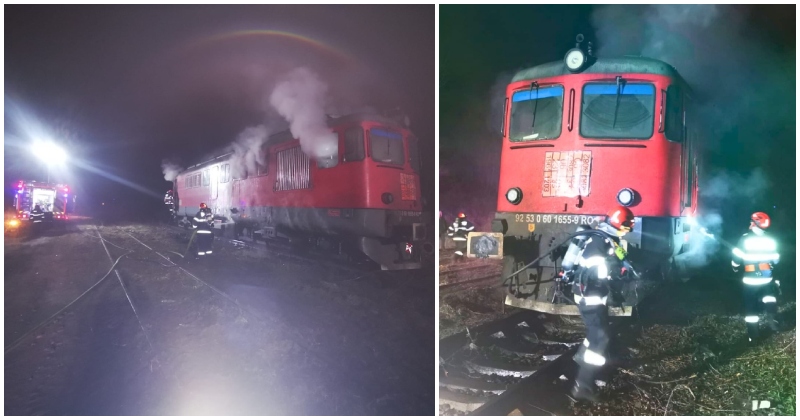 FOTO. Locomotiva unui tren cu combustibil a luat foc pe legătura Satu Mare - Oradea