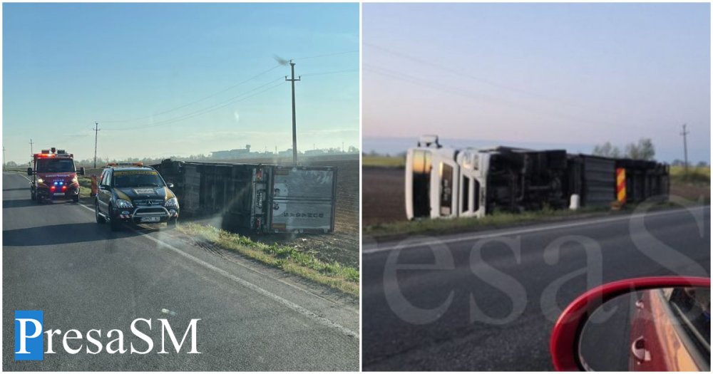 FOTO. TIR răsturnat pe câmp, lângă Aeroportul Satu Mare. Transporta marfă pentru Kaufland