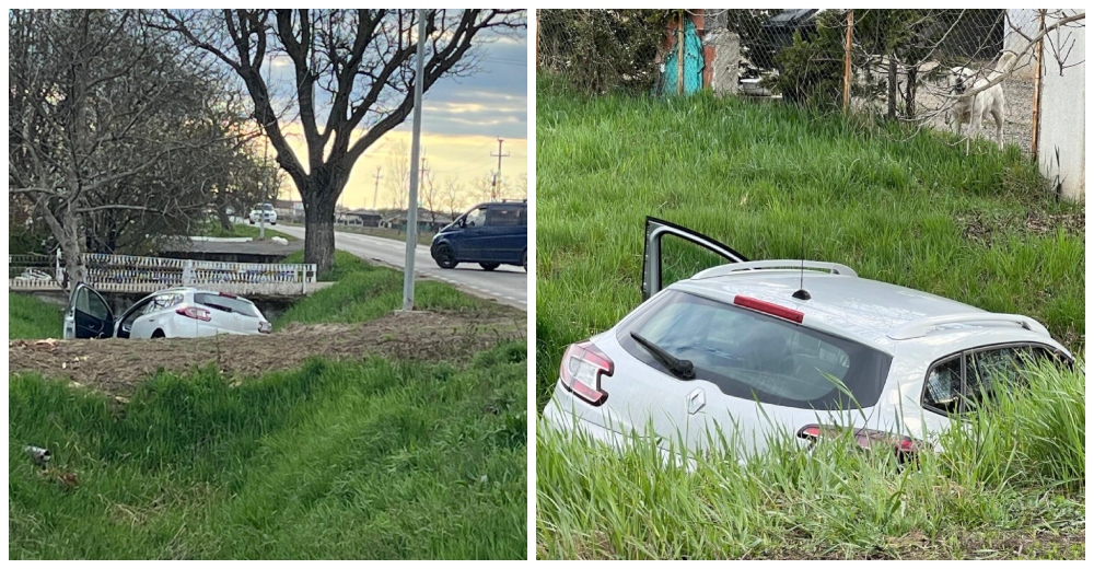 FOTO. Accident la intrare în Odoreu: autoturism în șanț după o manevră de evitare a unei coliziuni