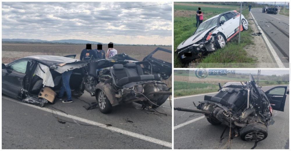 FOTO/VIDEO. Accident teribil! Mașină ruptă în două, șofer încarcerat. AUDI în șanț, la limita județului Satu Mare
