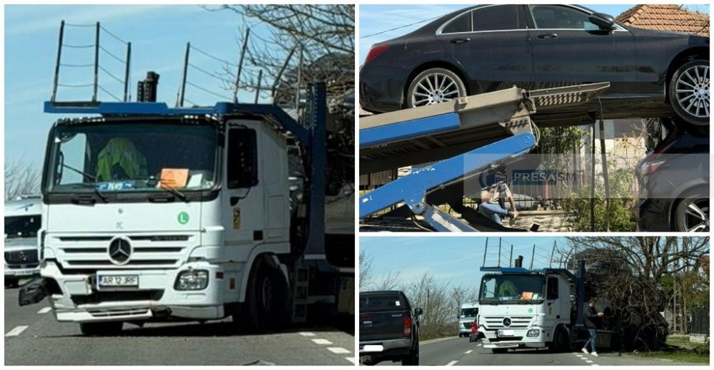 FOTO. O șoferiță a lovit cu duba un trailer plin cu mașini, la limita județului Satu Mare