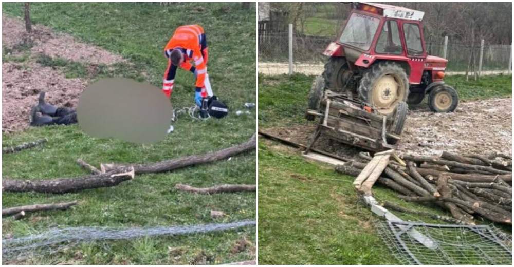 FOTO. Bărbat mort după ce șoferul beat s-a răsturnat cu tractorul. Lemnele din remorcă au căzut peste el