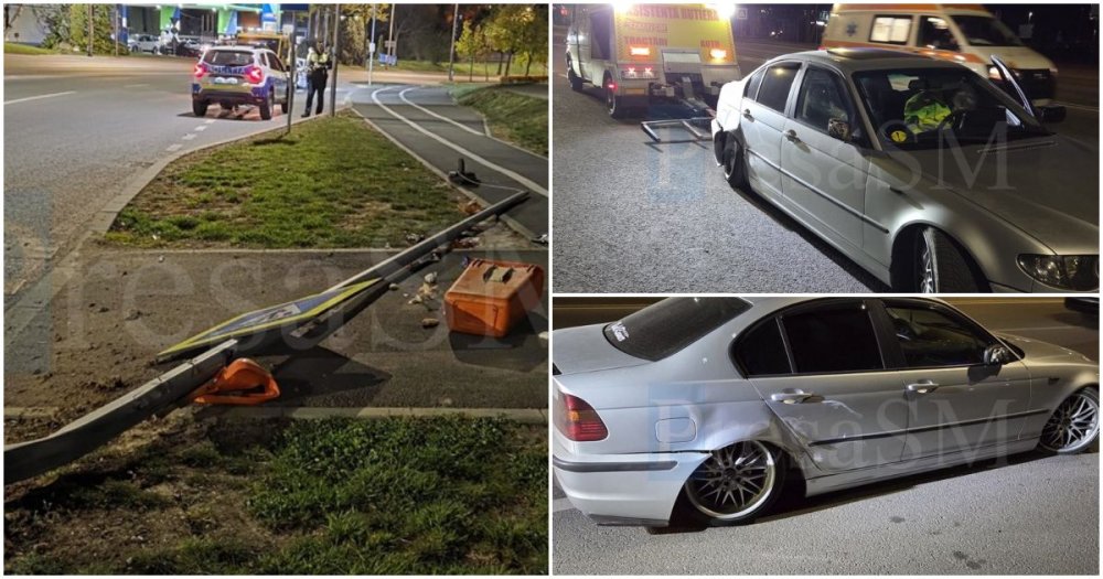 FOTO/VIDEO. ”Drift„ ratat. Un șofer începător a spulberat un stâlp in sensul de la Podul Transilvania
