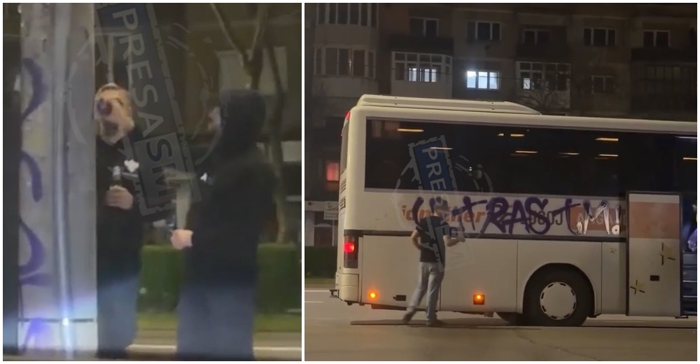 FOTO/VIDEO. Vandalism pe Drumul Careiului. Mai mulți ”ultrași” au dat cu spray pe autobuz și stâlpi
