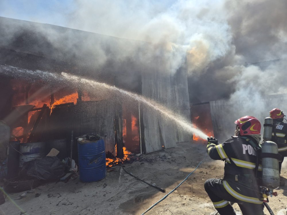 FOTO/VIDEO. Incendiu la un atelier auto din Satu Mare. Risc de propagare la locuințe, din cauza vântului puternic
