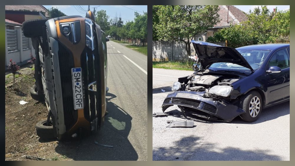 FOTO. Două șoferițe (60 si 67 ani) implicate in accidentul din Carei. Mașină răsturnată, victimă încarcerată