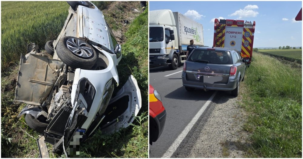 FOTO. Accident grav în județul Satu Mare. Sofer încarcerat, mașină răsturnată în șanț