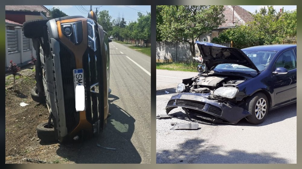 FOTO. Două șoferițe (60 si 67 ani) implicate in accidentul din Carei. Mașină răsturnată, victimă încarcerată