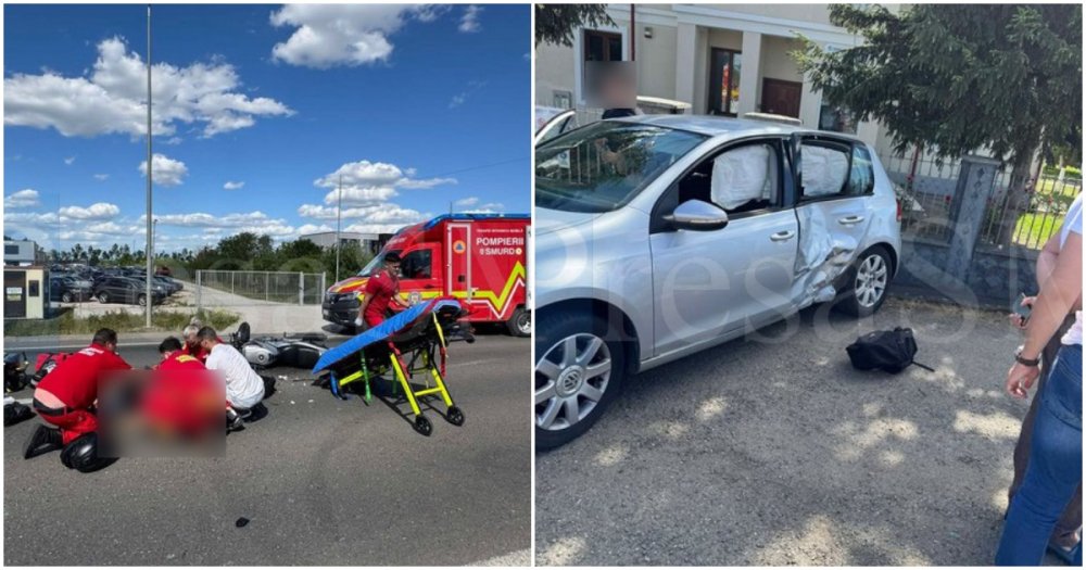 FOTO/VIDEO. Accident în municipiul Satu Mare. Impact între o mașină și o motocicletă