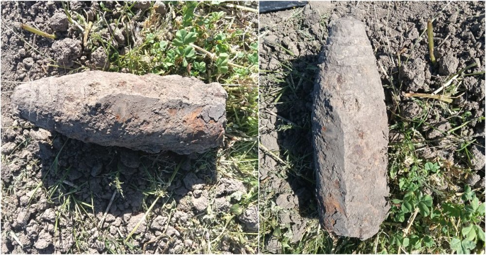 FOTO. Proiectil neexplodat, găsit în curtea unei case din județul Satu Mare. Au fost chemați pompierii