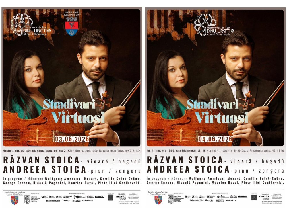 Vioară Stradivarius în două seri de excepție la Tășnad și Satu Mare: Răzvan Stoica și Andreea Stoica aduc recitalul „Stradivari Virtuosi”