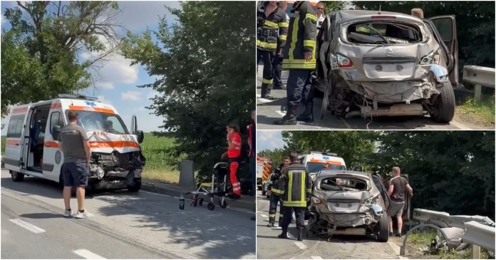 FOTO. Accident între o ambulanță aflată în misiune și un autoturism pe DN 19, între Carei și Petrești
