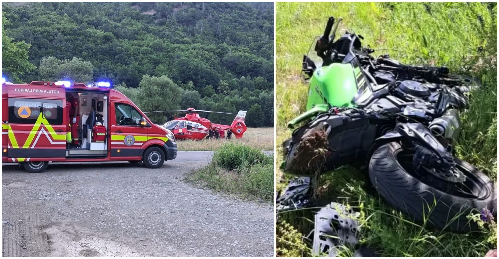 FOTO. Copil de 13 ani, în stare critică. Preluat cu elicopterul SMURD. Coliziune între o motocicletă și un autoturism