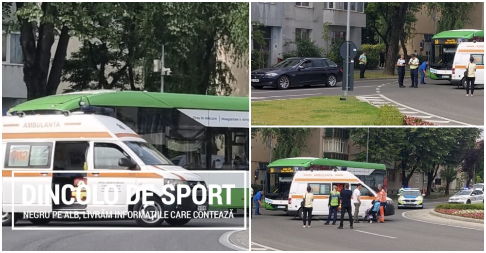 FOTO. Accident între un autobuz și un autoturism în sensul giratoriu de la Podul Transilvania 