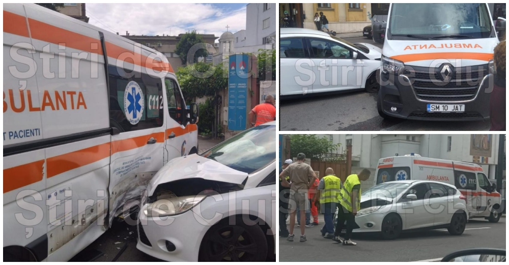 FOTO. ACCIDENT între o mașină și o ambulanță din Satu Mare. Patru persoane au ajuns la spital