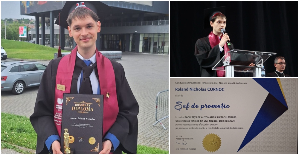FOTO. Performanță istorică pentru un sătmărean: a terminat facultatea cu 10 pe linie și a devenit șef de promoție. Fratele său geamăn, în top 3 absolvenți