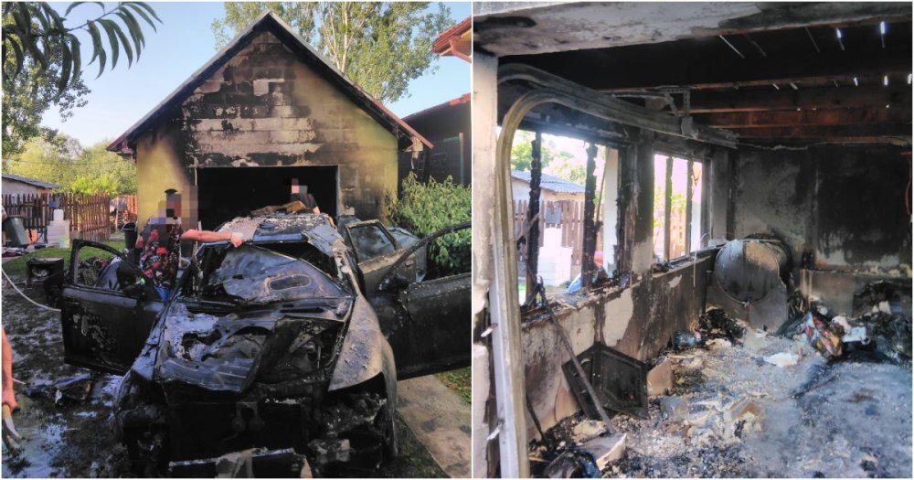 FOTO. Mașină cuprinsă de flăcări în județul Satu Mare. A luat foc și garajul