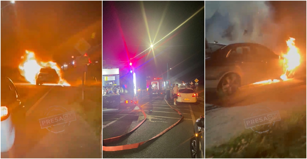 FOTO/VIDEO. Alertă pe Drumul Careiului! Incendiu la un autoturism. Agenții Fușle Security au intervenit primii până la sosirea pompierilor