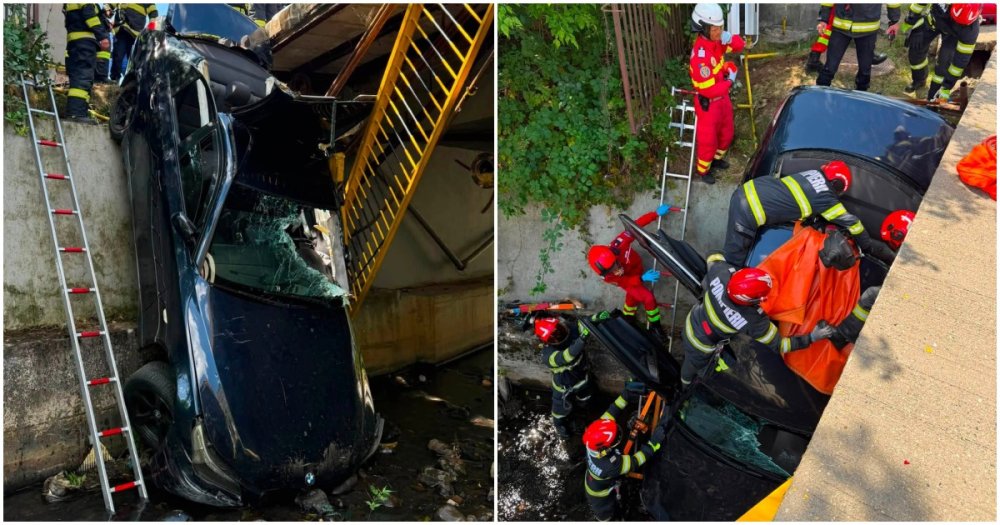 FOTOGALERIE. Accident spectaculos în județul vecin. Șoferul unui BMW a plonjat cu mașina în râu
