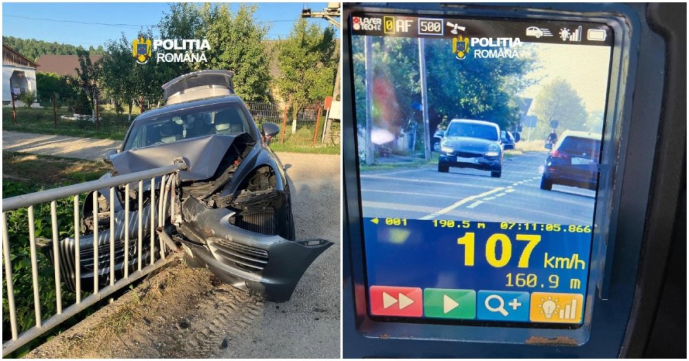FOTO. Urmărit de polițiști, șoferul din județul vecin și-a ambalat bolidul și s-a oprit într-un cap de pod. Apoi a luat-o la fugă