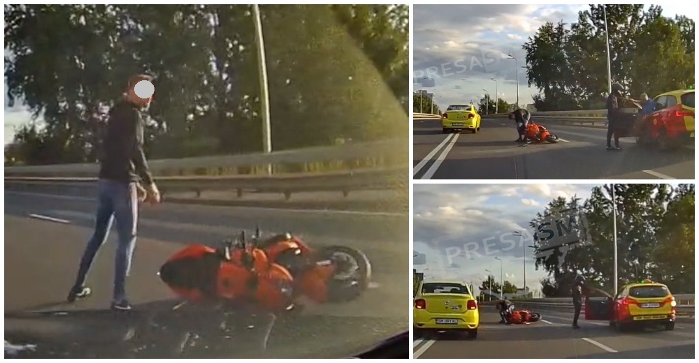 FOTO/VIDEO. Accident între un taximetru și o motocicletă pe Podul Decebal din municipiul Satu Mare