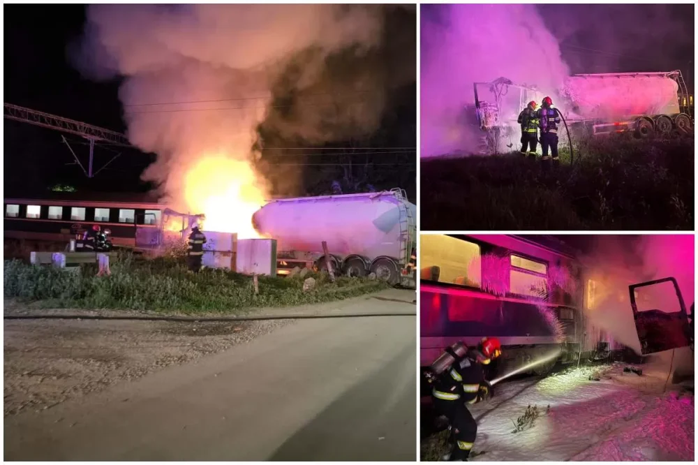 FOTO. Accident feroviar grav. Un tren cu aproape 200 de pasageri a lovit o autocisternă, care a luat foc