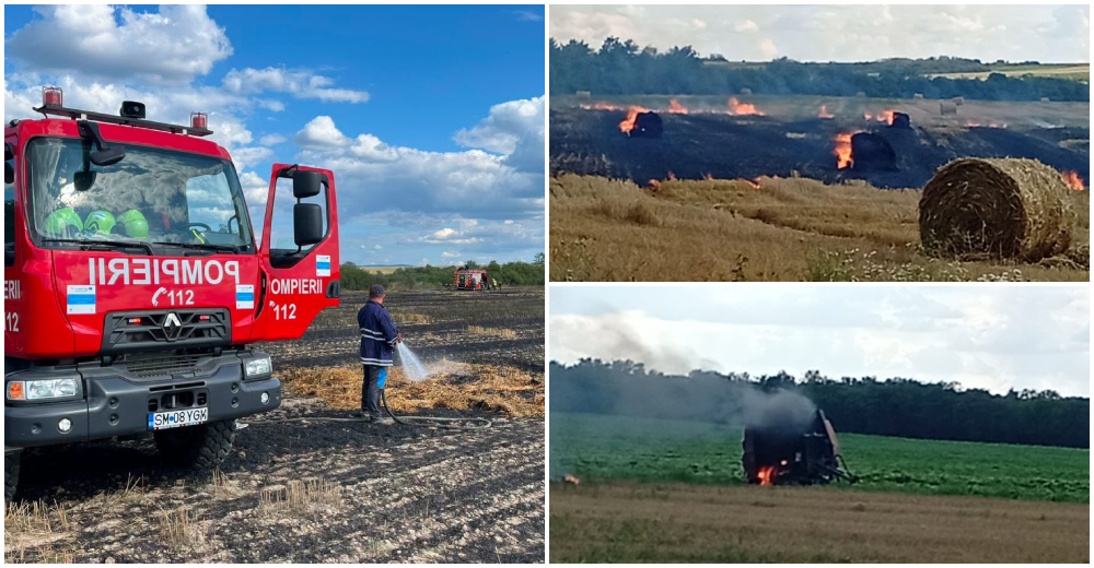 FOTO. Incendiu în zona poligonului militar din Tătărești. O presă de balotat, distrusă complet! Flăcările s-au extins