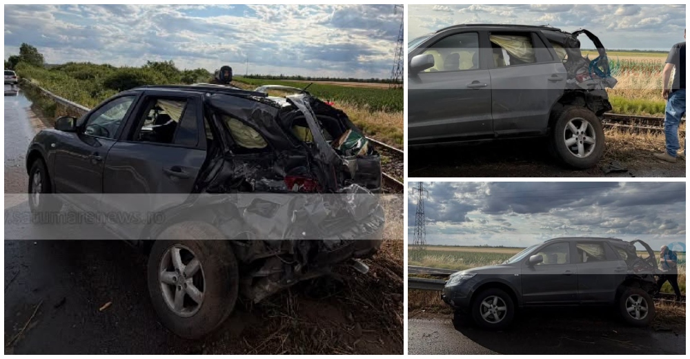 FOTO. Mașină lovită de un tren de călători în județul Satu Mare. La un pas de tragedie