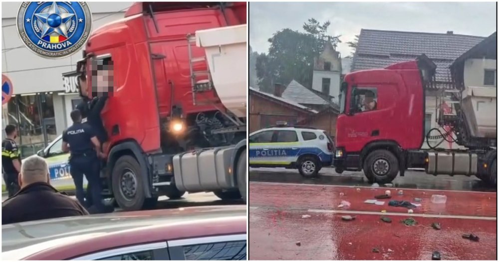 VIDEO. Se întâmplă în România. Un șofer de TIR s-a încuiat în cabină și a început să arunce cu obiecte în trecători. Au intervenit mascații