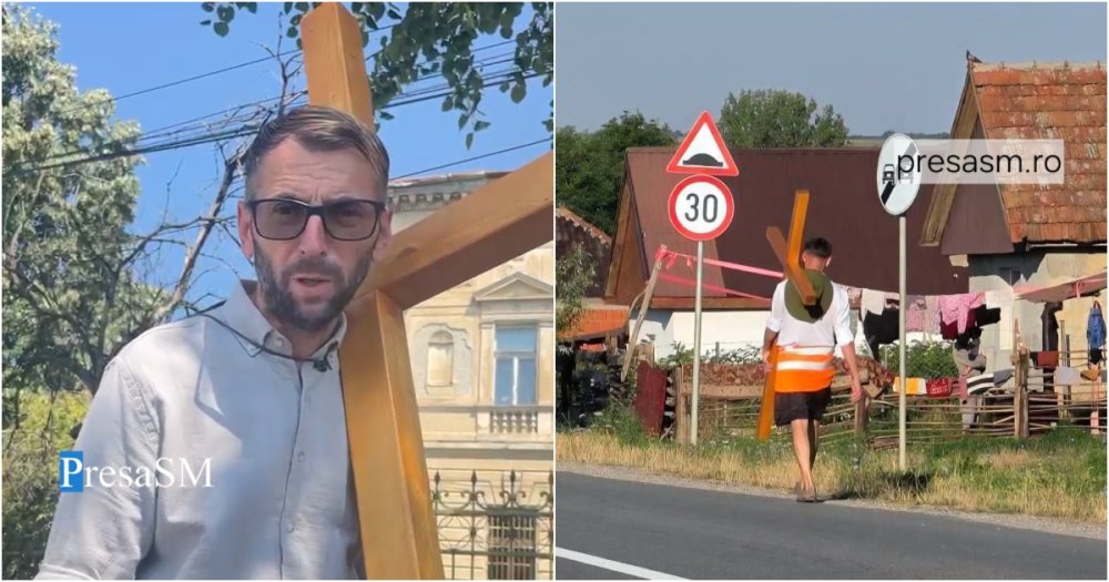 FOTO/VIDEO. Cine este sătmăreanul care umblă cu crucea în spate prin Satu Mare. De ce face acest gest