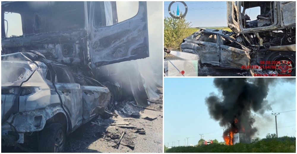 FOTO/VIDEO. Accident cumplit! Impact frontal între un TIR și o mașină. Un șofer a murit carbonizat