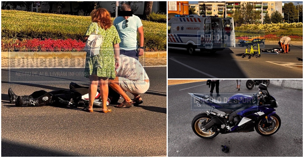 FOTO. Accident în sensul giratoriu din Micro 17. Motociclist lovit de un microbuz. Victima, rămasă la pământ