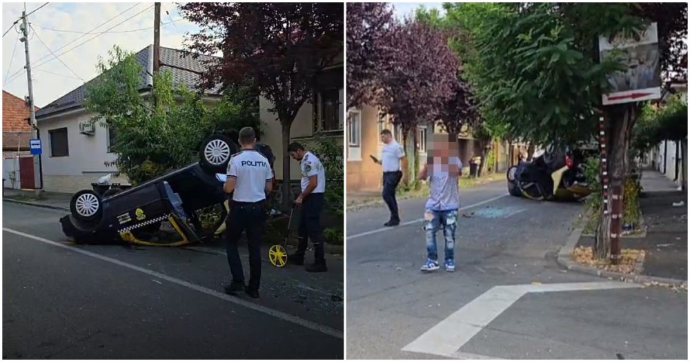 FOTO. Accident spectaculos în municipiul Satu Mare. Mașină de taxi răsturnată pe carosabil