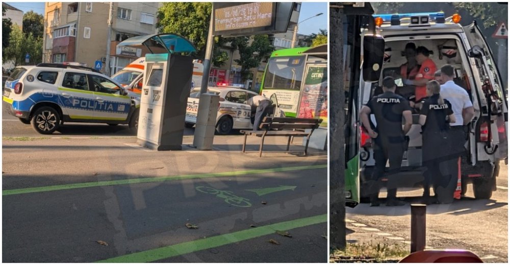 FOTO. Trei mașini de Poliție au înconjurat un autobuz, în municipiul Satu Mare. Ambulanța, la fața locului