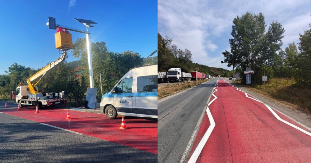 FOTO. De ce a fost turnat asfalt roșu la intrarea în mai multe localități din vestul țării. Cum funcționează noul sistem