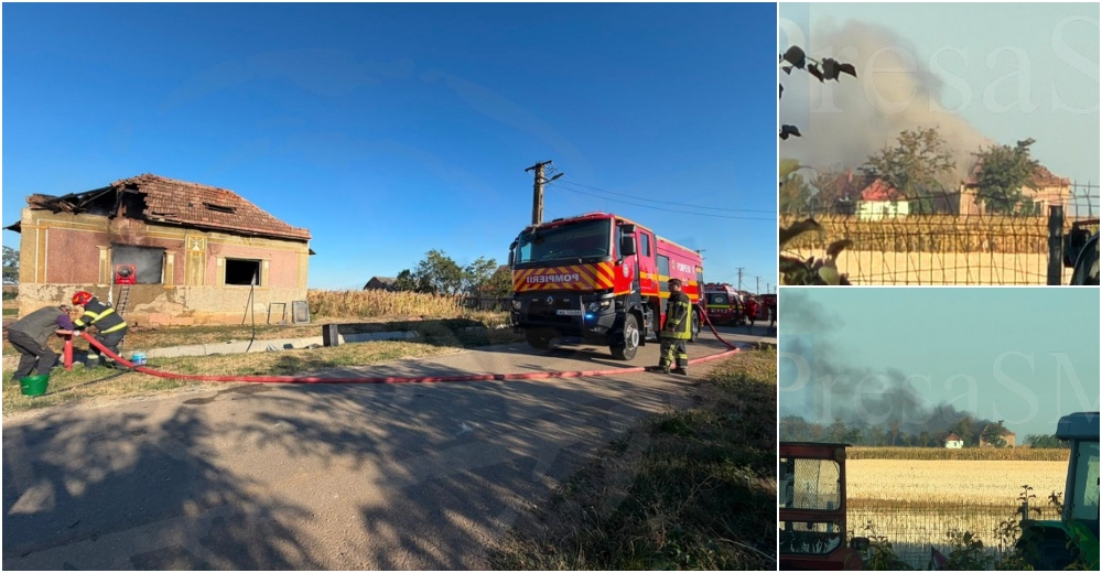 FOTO/VIDEO. Incendiu la o casă din județul Satu Mare. Fumul, vizibil de la mare depărtare