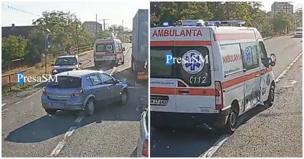 FOTO/VIDEO. Accident pe DN 19, la Moftinu Mic. Ambulanță aflată aparent în misiune, lovită de un autoturism