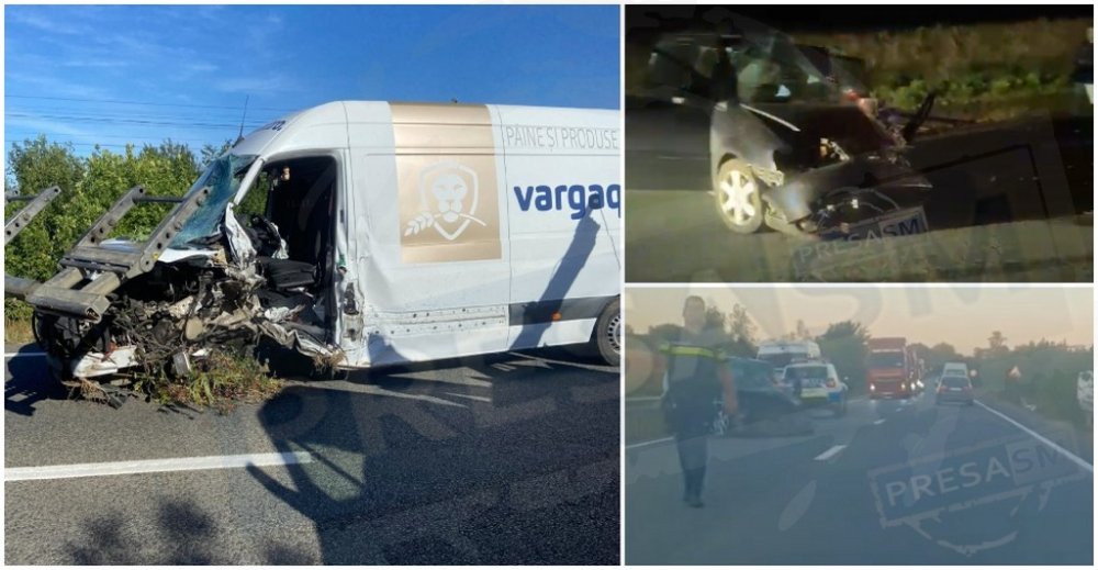 FOTO/VIDEO. Coliziune frontală teribilă pe DN19! Duba a fost aruncată în șanț, un șofer a rămas încarcerat