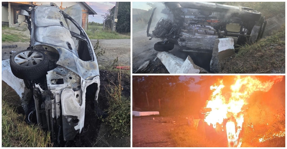 FOTO. Autoturismul a luat foc, două persoane au murit carbonizate. Impact fatal cu un cap de pod